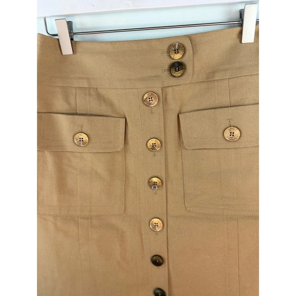 Etcetera Tan Metallic Button Front A-Line Skirt Khaki Flap Pockets Size 0
